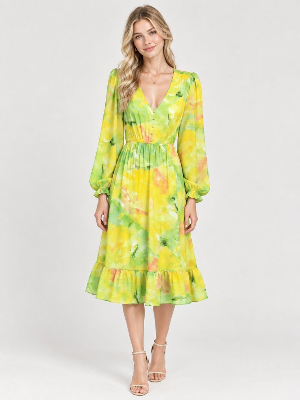 2/$30 TAHARI Abstract Print Flounce Popover Dress Lime Green Yellow XL #A4287